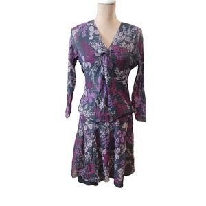 Vtg Y2k Silk Floral Sparkle Top Skirt Set Navy Purple Size 14P Metallic